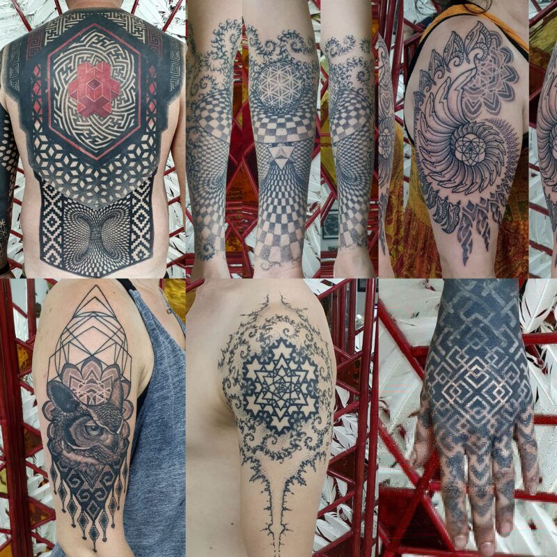 geometric tattoo, backpiece tattoo, hand tattoo, owl tattoo, izharrott tattooer Amsterdam