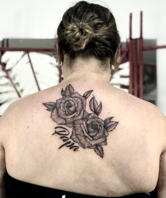 rose tattoo, back piece tattoo, papa tattoo, light art tattoo, women tattooer