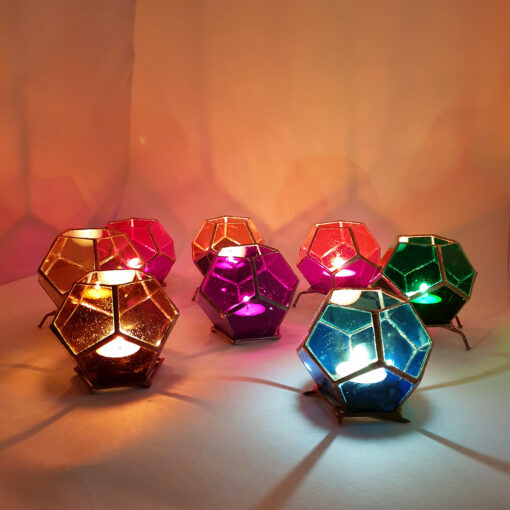Stained Glass Geometric Candle Holder, rob rott art, Tiffany’s style, dodecahedron, sacred geometry