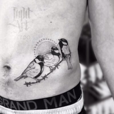 Lightart tattoo, belly tattoo, bird tattoo, blue tit tattoo