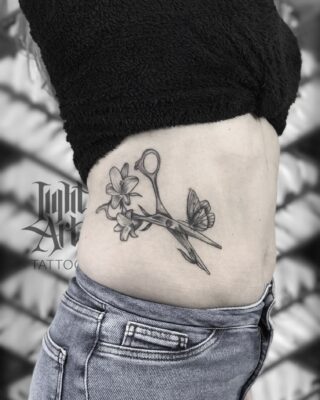 Lightart tattoo, scissors tattoo, flower tattoo