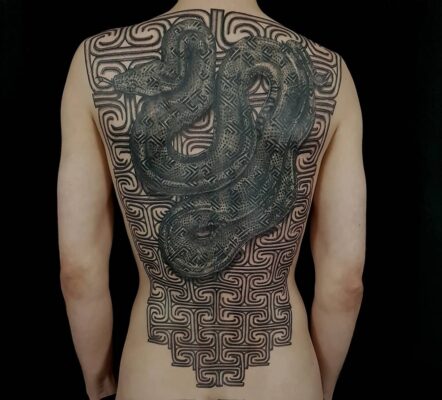 Izhar Rott Tattoo, snake tattoo, sacred geometry, back piece tattoo