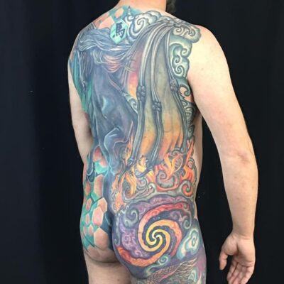 Izhar Rott Tattoo, back piece tattoo, colour tattoo, horse tattoo, sacred geometry