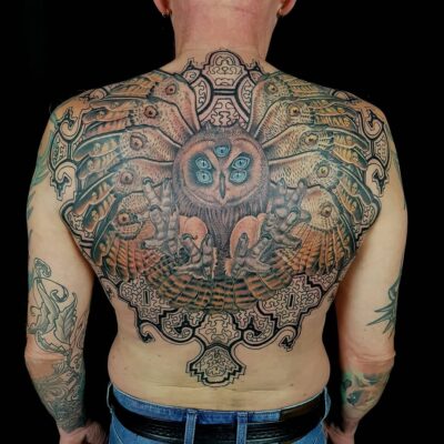 Izhar Rott Tattoo, backpiece tattoo, sacred geometry, psychedelic tattooing, owl tattoo