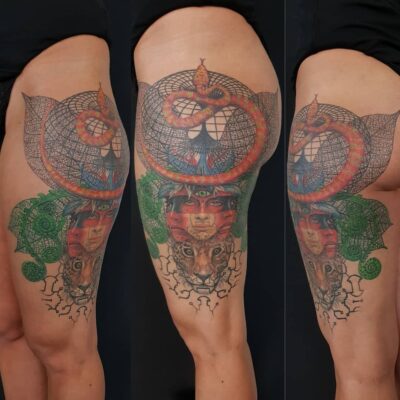 Izhar Rott Tattoo, leg tattoo, geometric tattoo, ayahuasca tattoo, psychedelic tattooing