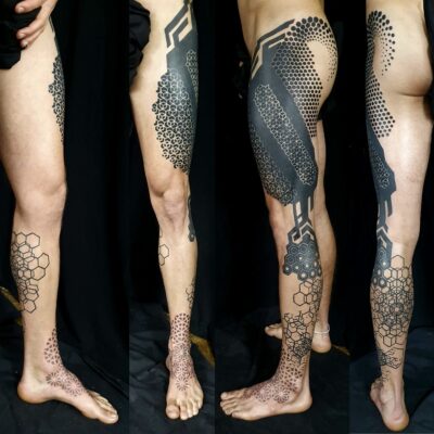 Izhar Rott Tattoo, geometric full leg tattoo, sacred geometry,, psychedelic tattooing