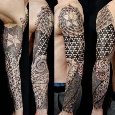 Izhar Rott Tattoo, geometric sleeve tattoo, sacred geometry,, psychedelic tattooing