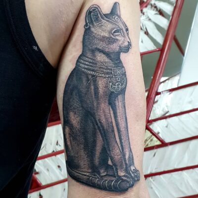Izhar Rott Tattoo, arm tattoo, geometric tattoo, cat tattoo, psychedelic tattooing