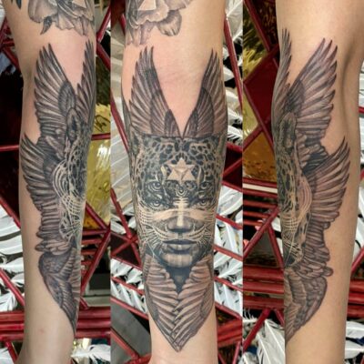 Izhar Rott Tattoo, arm tattoo, geometric tattoo, ayahuasca tattoo, psychedelic tattooing