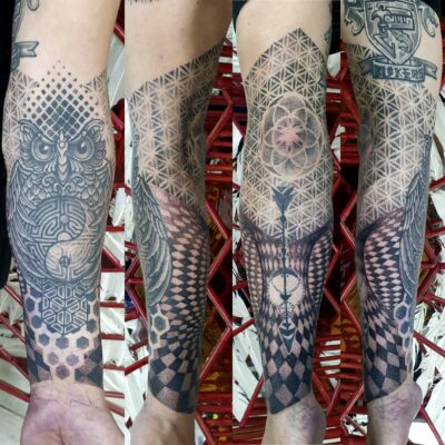 Izhar Rott Tattoo, arm tattoo, geometric tattoo, psychedelic tattooing