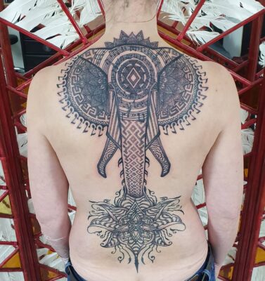 Izhar Rott Tattoo, elephant tattoo, sacred geometry, back piece tattoo