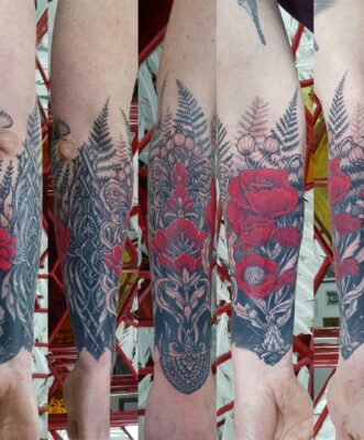 Izhar Rott Tattoo, cover-up tattoo, red and black tattoo, arm tattoo
