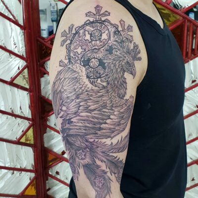 Izhar Rott Tattoo, phoenix tattoo, shoulder tattoo