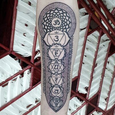 Izhar Rott Tattoo, sacred geometry tattoo, chakras tattoo, arm tattoo