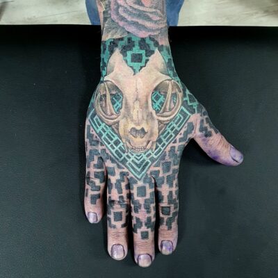 Izhar Rott Tattoo, skull tattoo, cover-up tattoo, hand tattoo