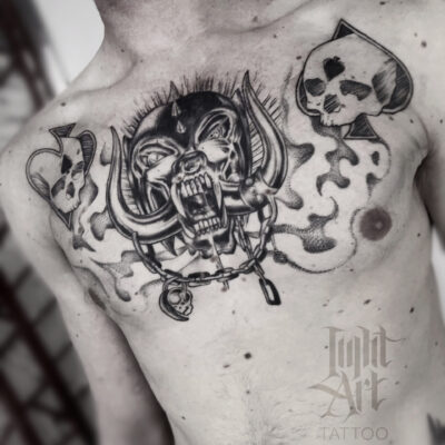 Light Art Tattoo, chest piece tattoo, Motorhead tattoo